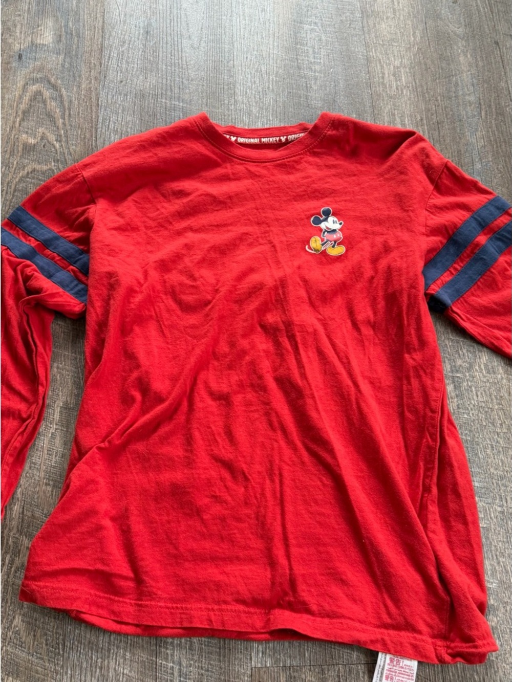 Disney Red Long Sleeve Mickey Mouse Tee with Navy Stripes
